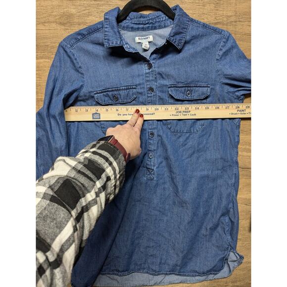 Old Navy Wmns Sz S Dark Blue Chambray Jean Long Sleeve Tunic Top Cowboy Western - Picture 7 of 7
